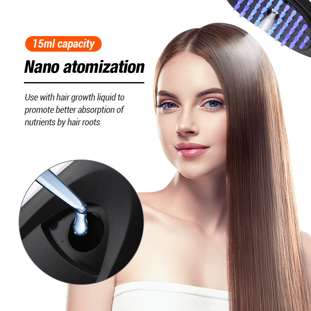 Woman beside the scalp massage comb's 15 ml mist reservoir illustration