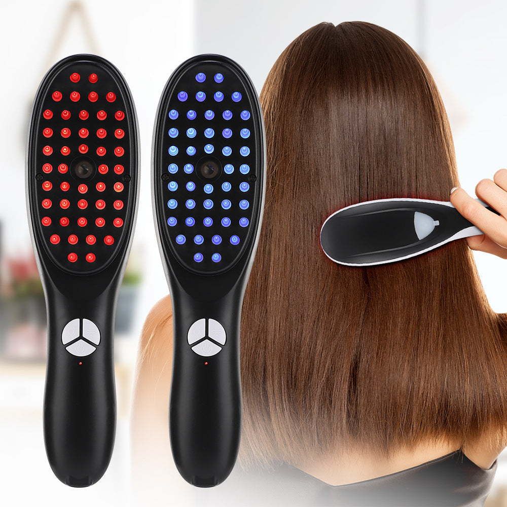 Black scalp massage comb showing red and blue light modes beside a woman brushing her hair
