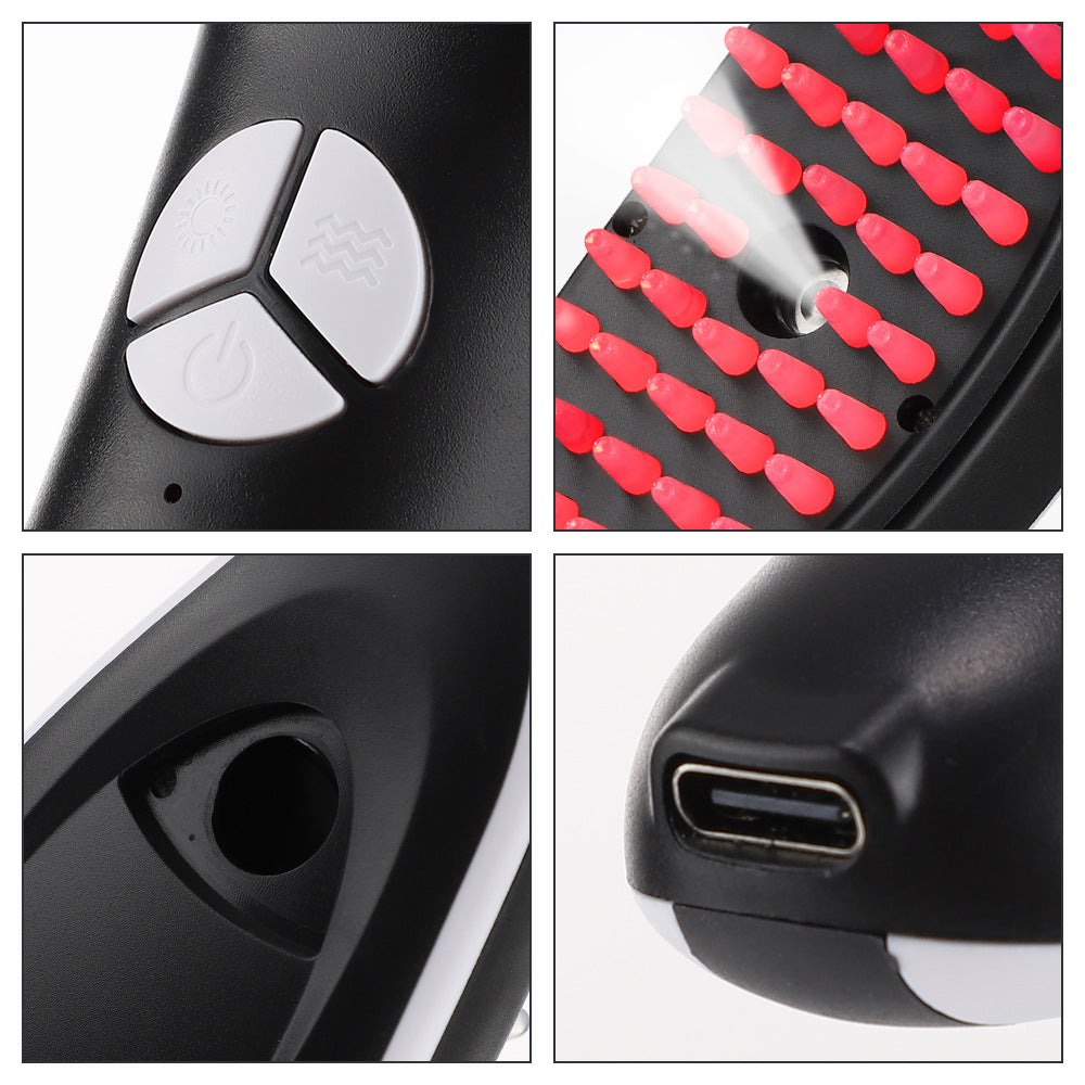 Close-up views of the scalp comb controls, mist outlet, reservoir and USB charging port
