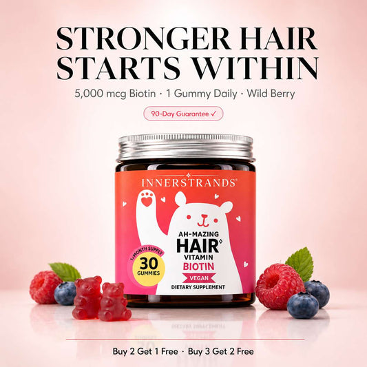 InnerStrands biotin hair gummies for women, vegan hair vitamins for stronger-looking hair