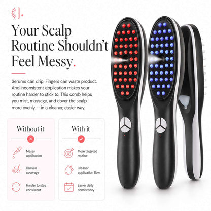 InnerStrands scalp massage comb showing the integrated fine mist spray function