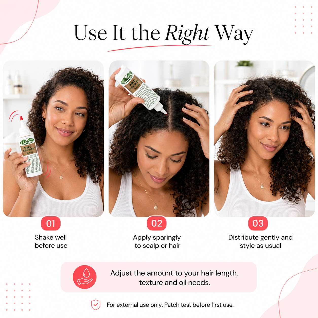Three-step guide showing how to part hair, place the illuminated scalp brush and glide section by section