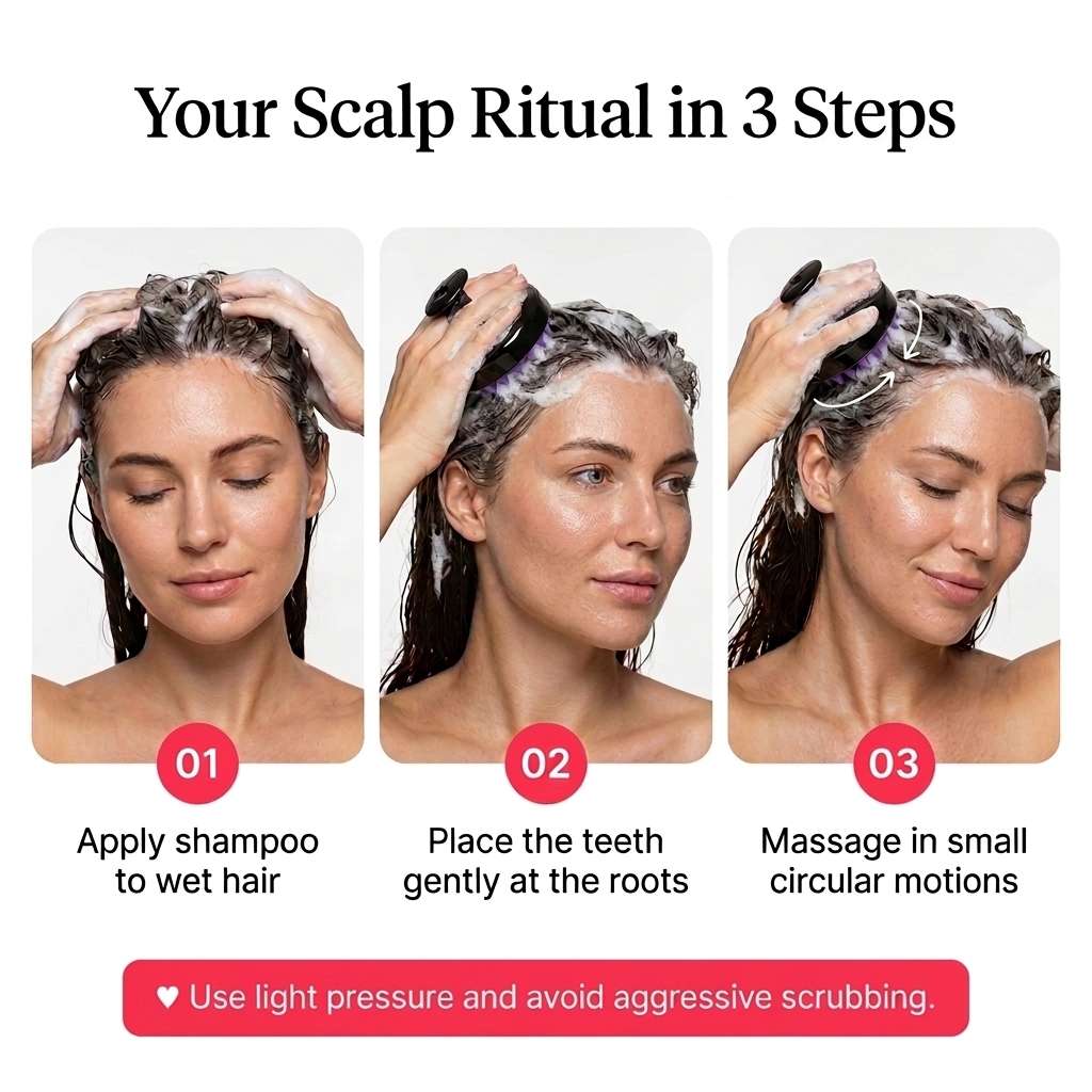 Woman using the InnerStrands silicone scalp massager on wet shampooed hair and dry hair