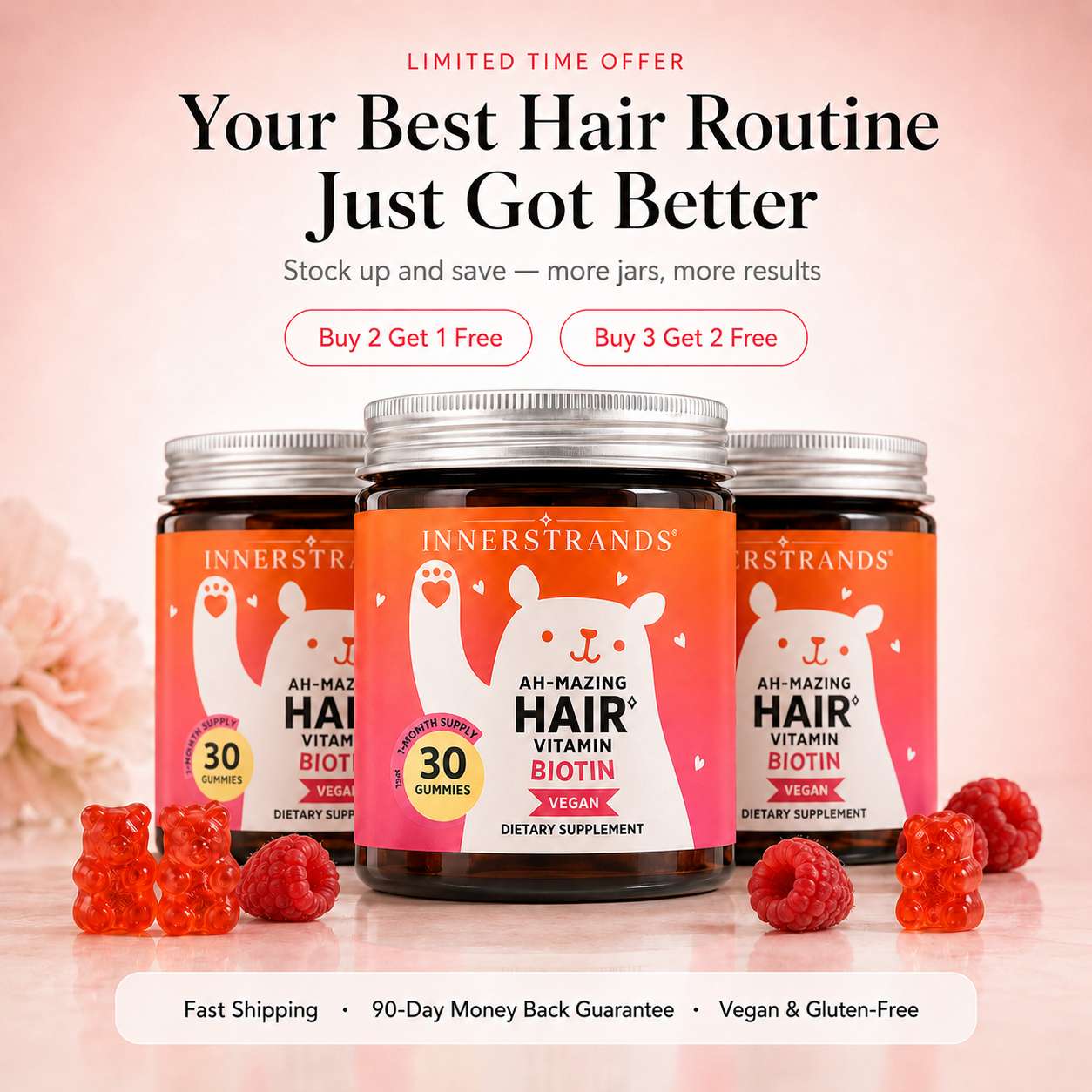 Vegan biotin hair vitamin gummies for women on cream vanity by InnerStrands