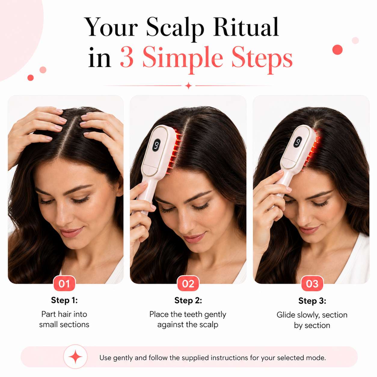 Three-step guide showing how to shake, apply sparingly and distribute Wild Growth Hair Oil